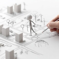 A hand draws a city map around a walking stick figure in a minimalist design illustration.
