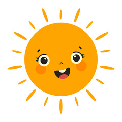 Bright and cheerful cartoon sun with happy face and sunny rays, perfect for kids designs and summer themes. Vector art.