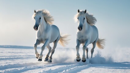 A pair of galloping white horses