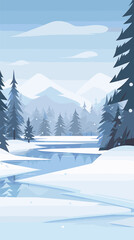 Naklejka premium Snow-covered winter forest scene with snowy mountains and tall pine trees flat vector illustration