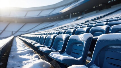 Fototapeta premium Seating areas of the stadium following a significant snowfall.