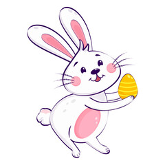 Cute cartoon bunny with pink cheeks holding yellow Easter egg isolated on transparent background. Perfect for spring or holiday designs. Vector art.
