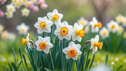 Stunning white daffodil blooms in a sunlit garden, soft green natural backdrop. Flowering blossoms. Banner. Space for text
