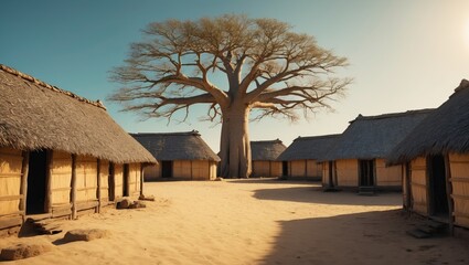 Houses in a traditional village featuring a symbolic baobab tree in the background.