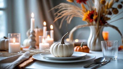Fototapeta premium Fall-themed Thanksgiving table setup with decorative elements, colorful floral centerpiece in a pumpkin vase on a white table. Close-up view. Vertical format.