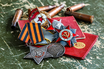 Orders and medals of the USSR.Awards of the Second world war close-up.Victory Day - 9 of may 1945....