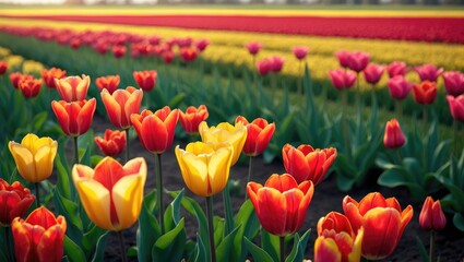 Obraz premium Cultivating Tulips: A Floral Backdrop with Vibrant Colors