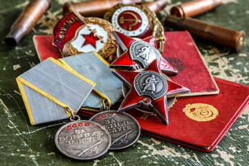 Orders and medals of the USSR.Awards of the Second world war close-up.Victory Day - 9 of may 1945....