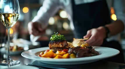 Fine dining food and waiter serving at a restaurant for a luxury valentines day or anniversary meal Formal hospitality service and server with a plate or dish for a fancy special.