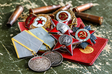 Orders and medals of the USSR.Awards of the Second world war close-up.Victory Day - 9 of may 1945....