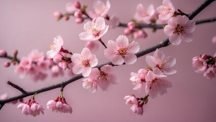 Close-up of blooming flowers on a tree branch against a pink background, isolated spring blossoms, pastel pink scenery, delicate blooms, concept of spring.