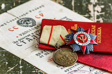 Orders and medals of the USSR.Awards of the Second world war close-up.Victory Day - 9 of may 1945....