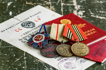 Orders and medals of the USSR.Awards of the Second world war close-up.Victory Day - 9 of may 1945....
