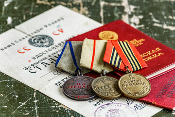 Orders and medals of the USSR.Awards of the Second world war close-up.Victory Day - 9 of may 1945....