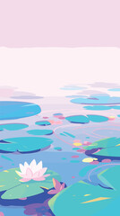 Serene water lilies on tranquil pond with pastel reflections flat vector illustration