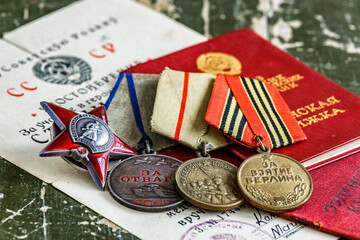 Orders and medals of the USSR.Awards of the Second world war close-up.Victory Day - 9 of may 1945....