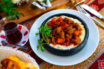Hunkar begendi made with eggplant and meat. Turkish food