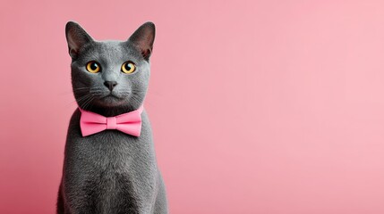 Cat wearing a pink bow tie is sitting on a pink background. The cat has a serious expression on its face