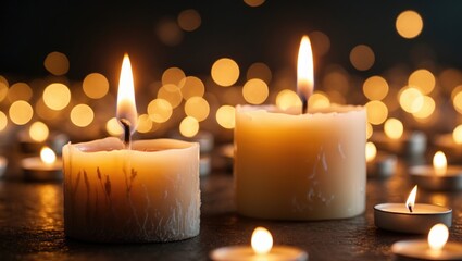 Two glowing candles in the darkness with blurred lights in the background