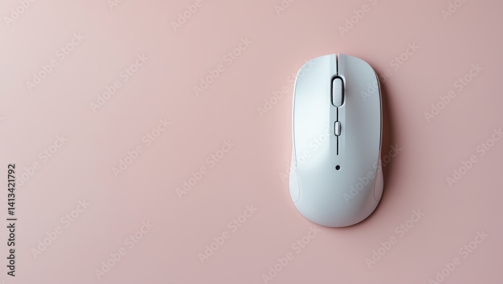 Fototapete overhead perspective of a contemporary white wireless mouse for computer control, set against a back