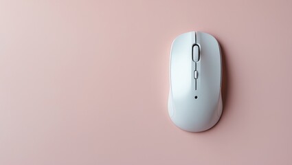 Overhead perspective of a contemporary white wireless mouse for computer control, set against a background with text space