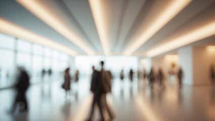 Expo event convention center business with a blurred backdrop of trade fair, passenger terminal, or museum gallery lobby featuring a spacious corridor and empty white room