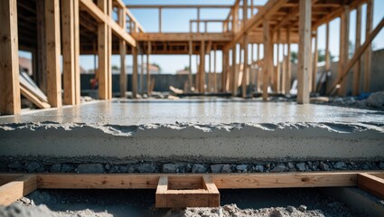 House construction in progress with concrete and steel rods