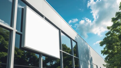 Unoccupied company nameboard on an industrial building. Template for branding on a facade. Exterior of a production hall with a blank spot for a promotional banner.