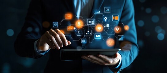 Person holding tablet with glowing icons representing technology and digital connection.