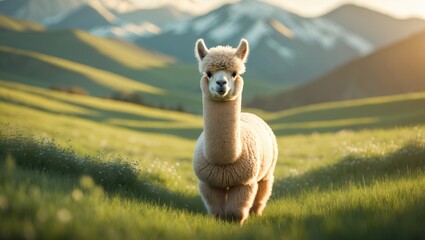 Fototapeta premium Close-up of an adorable curly white alpaca gazing at the camera, illuminated by gentle sunlight next to its shadow on the grass, set against a wide farm with softly blurred stunning mountains in the
