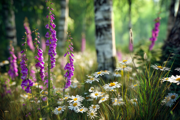 Sunlit clearing in a mixed forest with wildflowers and birch trees