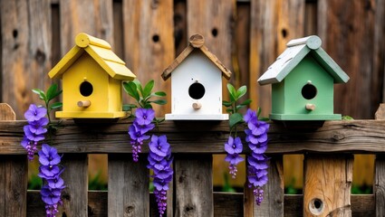 Three charming tiny birdhouses perched on a rustic wooden fence with purple vegetation