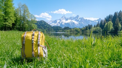 Fototapeta premium Yellow backpack in mountain landscape adventure travel photography