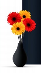 Gerbera daisies are arranged in a black vase against a split white and dark blue background.