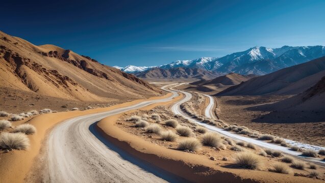 Winding dusty road in high-altitude landscape with snow-capped mountains far away. The desolate scenery showcases a striking, rugged allure beneath a clear, vibrant blue sky.