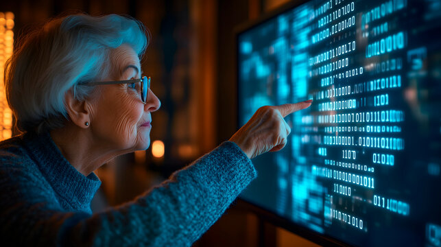 Active elderly woman engaging with computer programming code on screen in modern IT setting