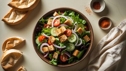 Conventional bread salad including components. Bird's-eye view with room for text.