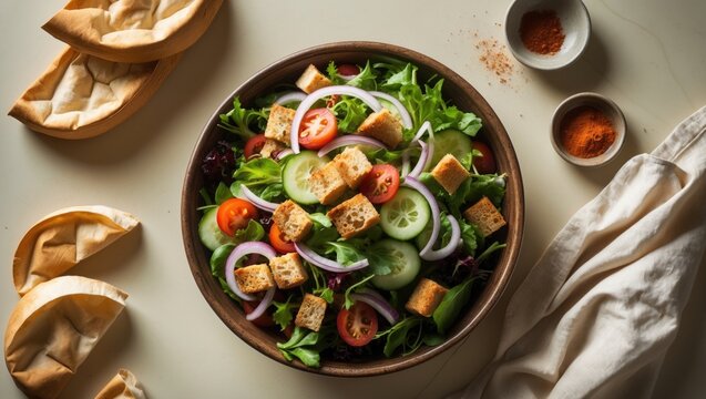Conventional bread salad including components. Bird's-eye view with room for text.
