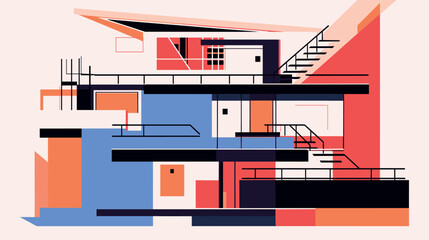 Obraz premium Modern geometric abstract architecture in red, blue, and orange flat vector illustration