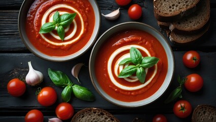 Fresh basil and tomato soup enriched with garlic and cracked peppercorns, served alongside cream and sourdough bread