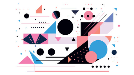 Obraz premium Abstract geometric pattern with circles and triangles in pink, blue, and black flat vector illustration