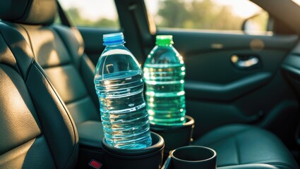 Plastic bottle of water on car seat in sunlight, dangers of heating, bottled drinking water inside car, very hot conditions, risks of leaving car in sun.