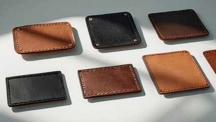 A variety of leather patches featuring diverse colors and textures, organized in a row with different sizes and shapes.