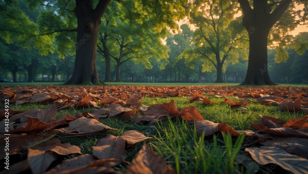Aufkleber Landscape of a park adorned with scattered leaves and an array of trees behind. HDR nature image.
