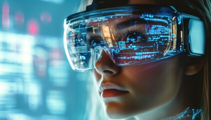 Woman wearing futuristic augmented reality glasses with digital interface overlay.