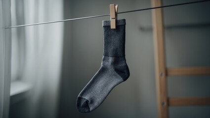 Detailed look at a single dark gray men's sock hanging on a wire dryer, household chores concept, missing socks, careful hand washing of lacy lingerie, home responsibilities, shallow depth of field
