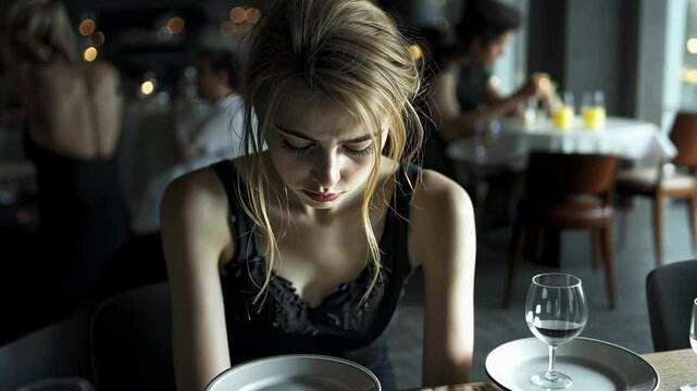 Teenage girl battles anorexia sitting alone at a table with an empty plate in a dimly lit restaurant