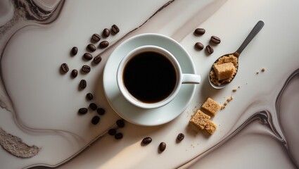 Aerial perspective of black coffee in a white cup alongside cane lump sugar for breakfast on a backdrop with empty space