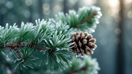 Fototapeta premium Lodgepole pine cones and needles blanketed in frost.