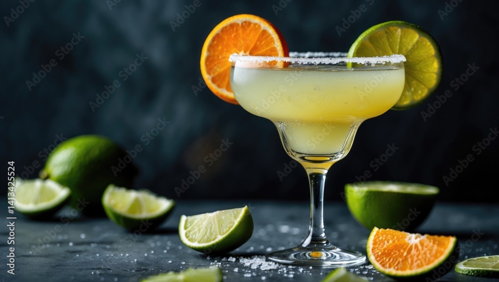 Poster mexican margarita with lime and lemon set on grey with sliced oranges and limes on a dark backdrop